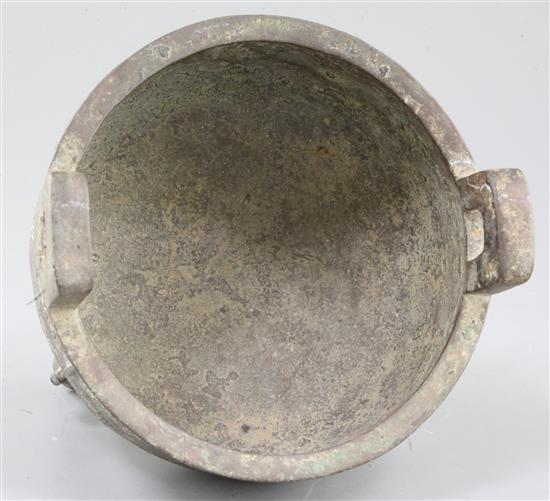 A Chinese archaistic bronze tripod ritual food vessel, Ding, early Western Zhou dynasty style, 19cm high, 16cm wide